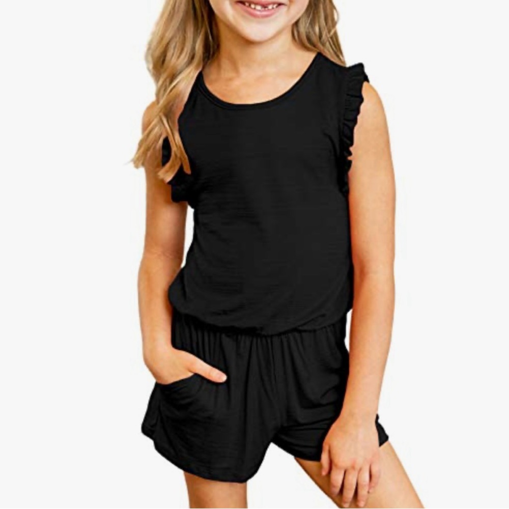 Girls Black Sleeveless Ruffle Romper